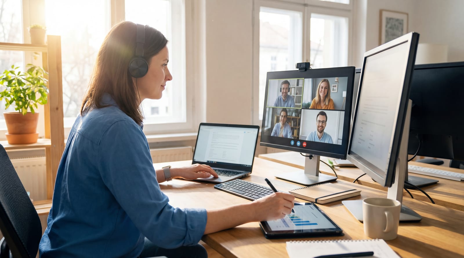 A hiring manager on a panel video call, taking notes at her desk.