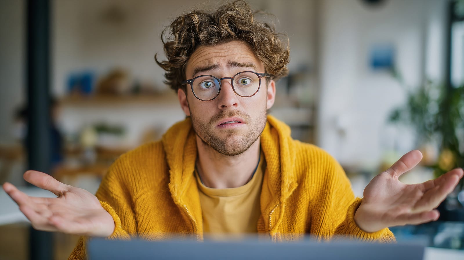 A person at a laptop, hands spread in a shrug.