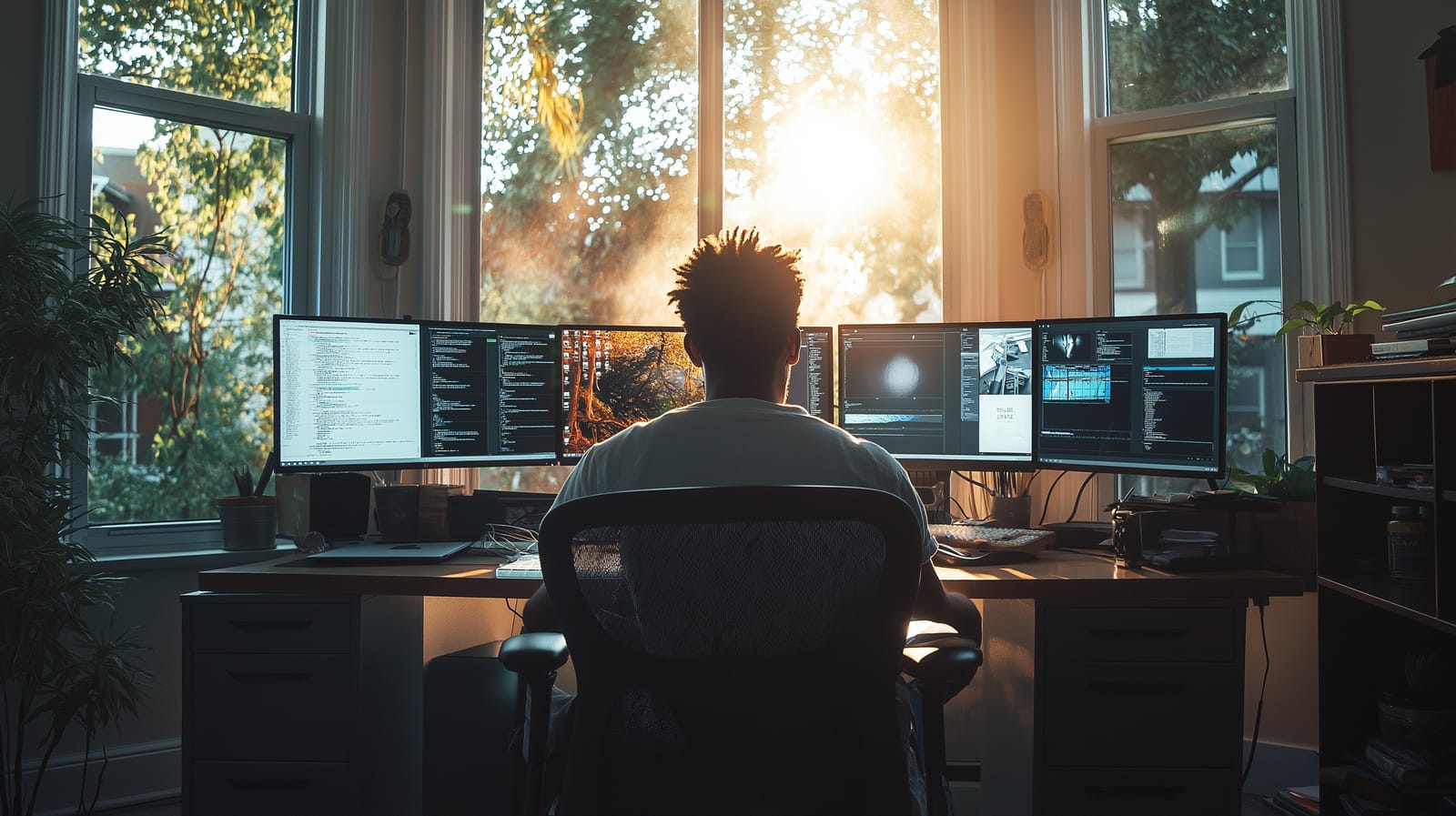 A person working across several screens at a home desk in early morning light.