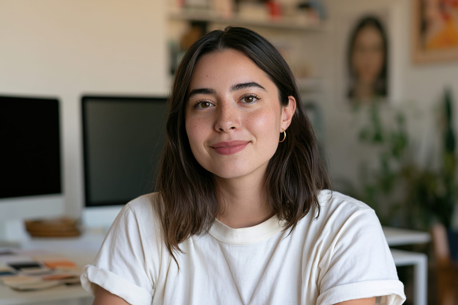 A candidate at their desk, looking straight into the camera.