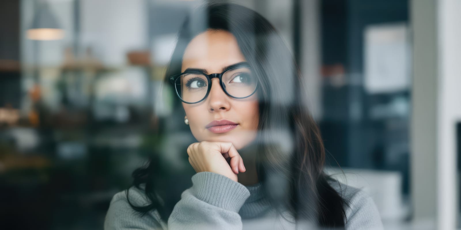 A woman in glasses at her desk behind office glass, chin resting on her hand, thinking a problem through before she answers it