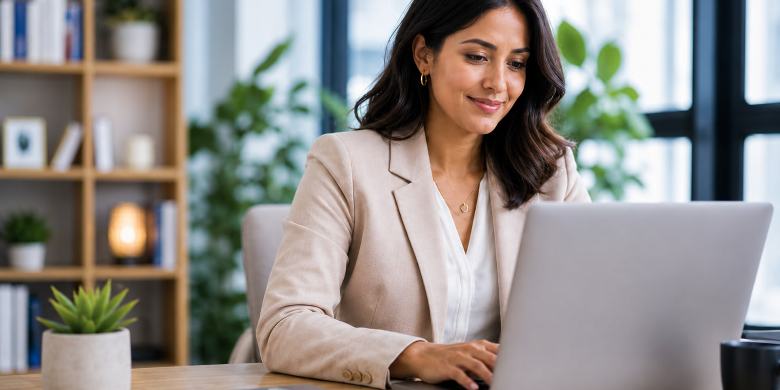 An operator working at a laptop at a desk in a bright office