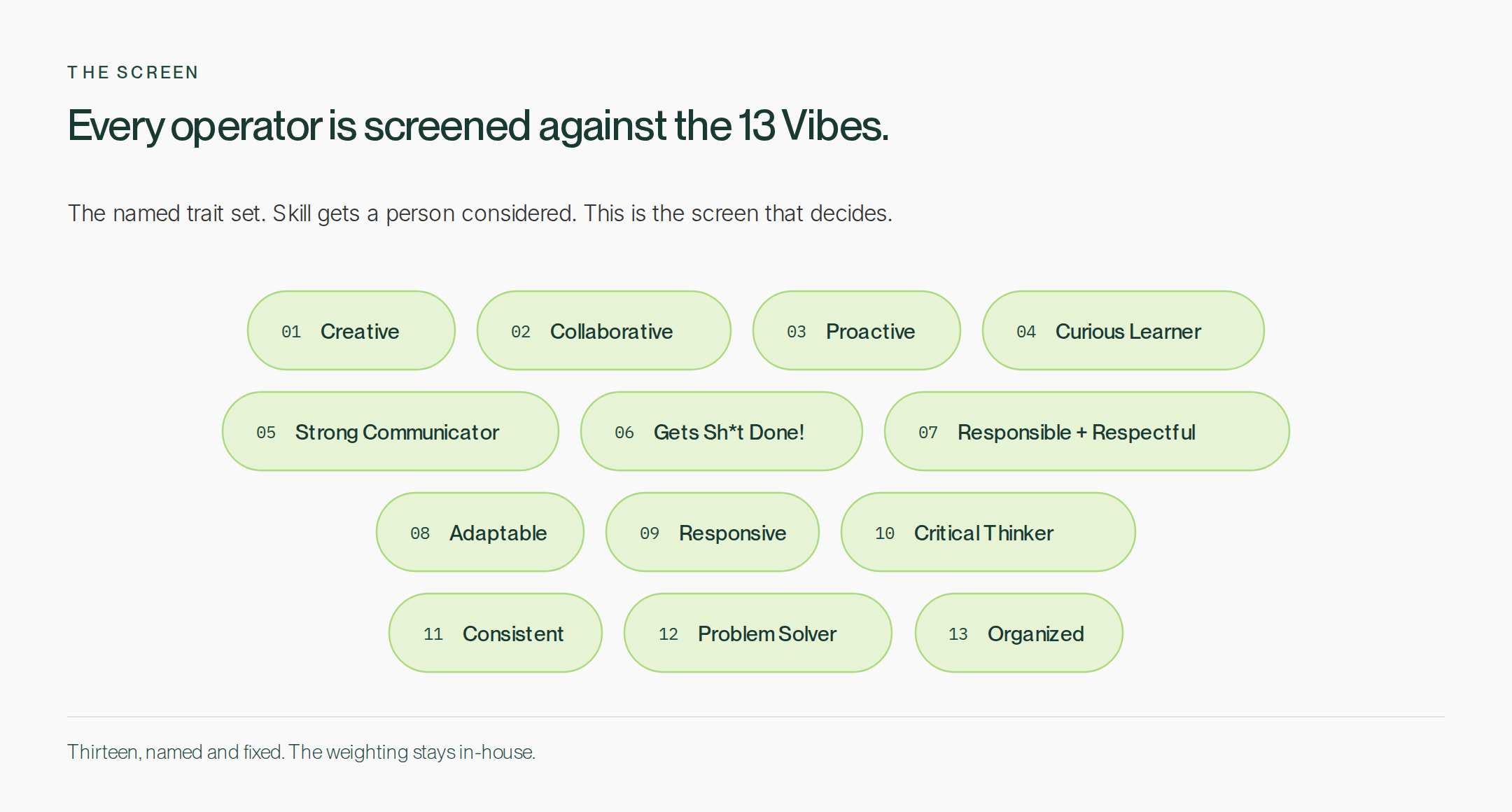 The 13 Vibes: Creative, Collaborative, Proactive, Curious Learner, Strong Communicator, Gets Sh*t Done, Responsible and Respectful, Adaptable, Responsive, Critical Thinker, Consistent, Problem Solver, Organized
