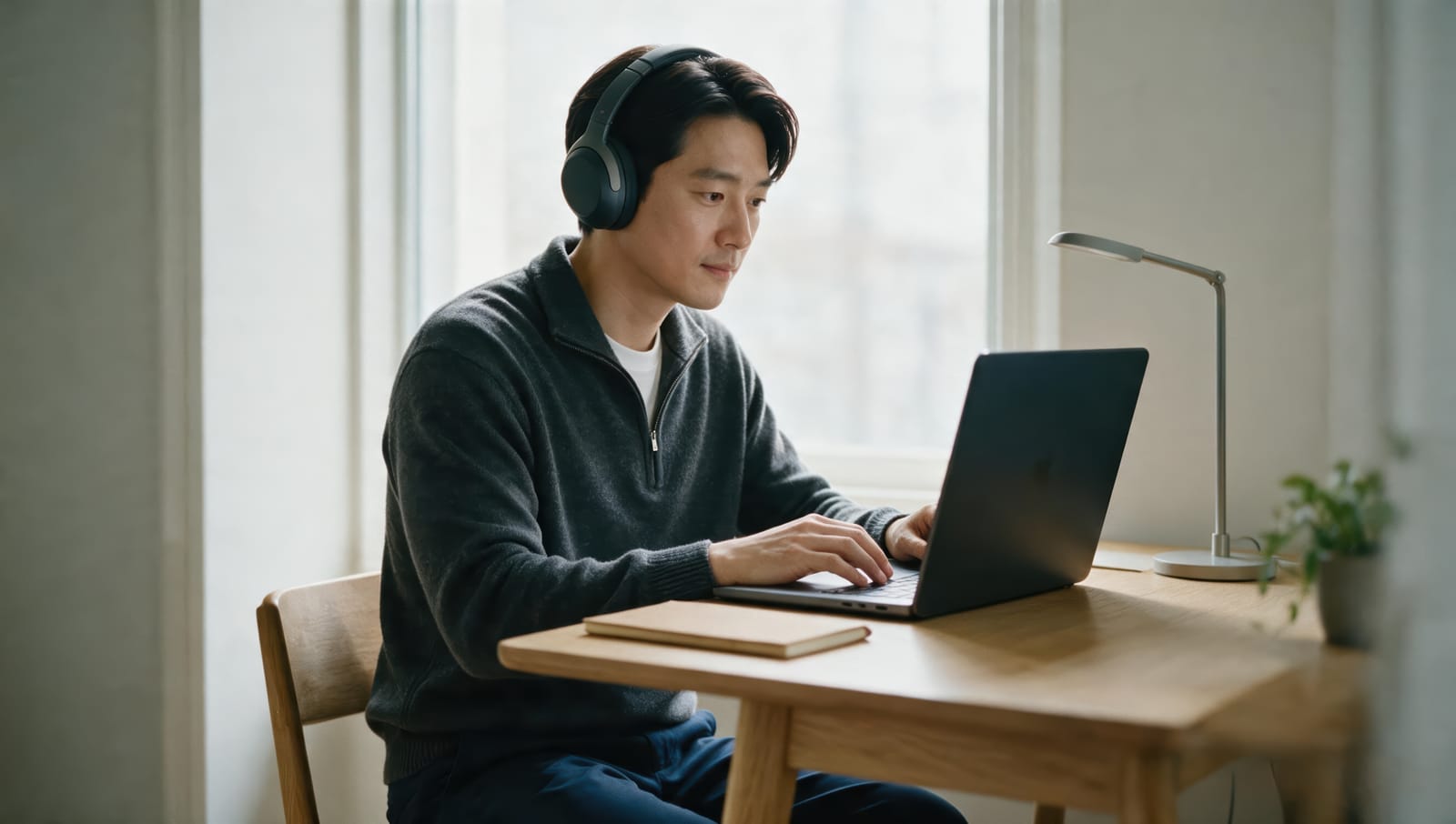 A candidate in headphones working through a scenario on a laptop.